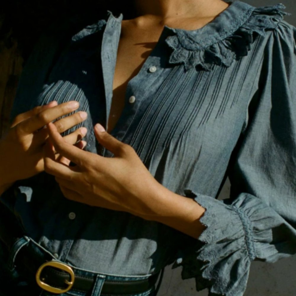 Doen Hickory ruffled embroidered organic cotton blouse